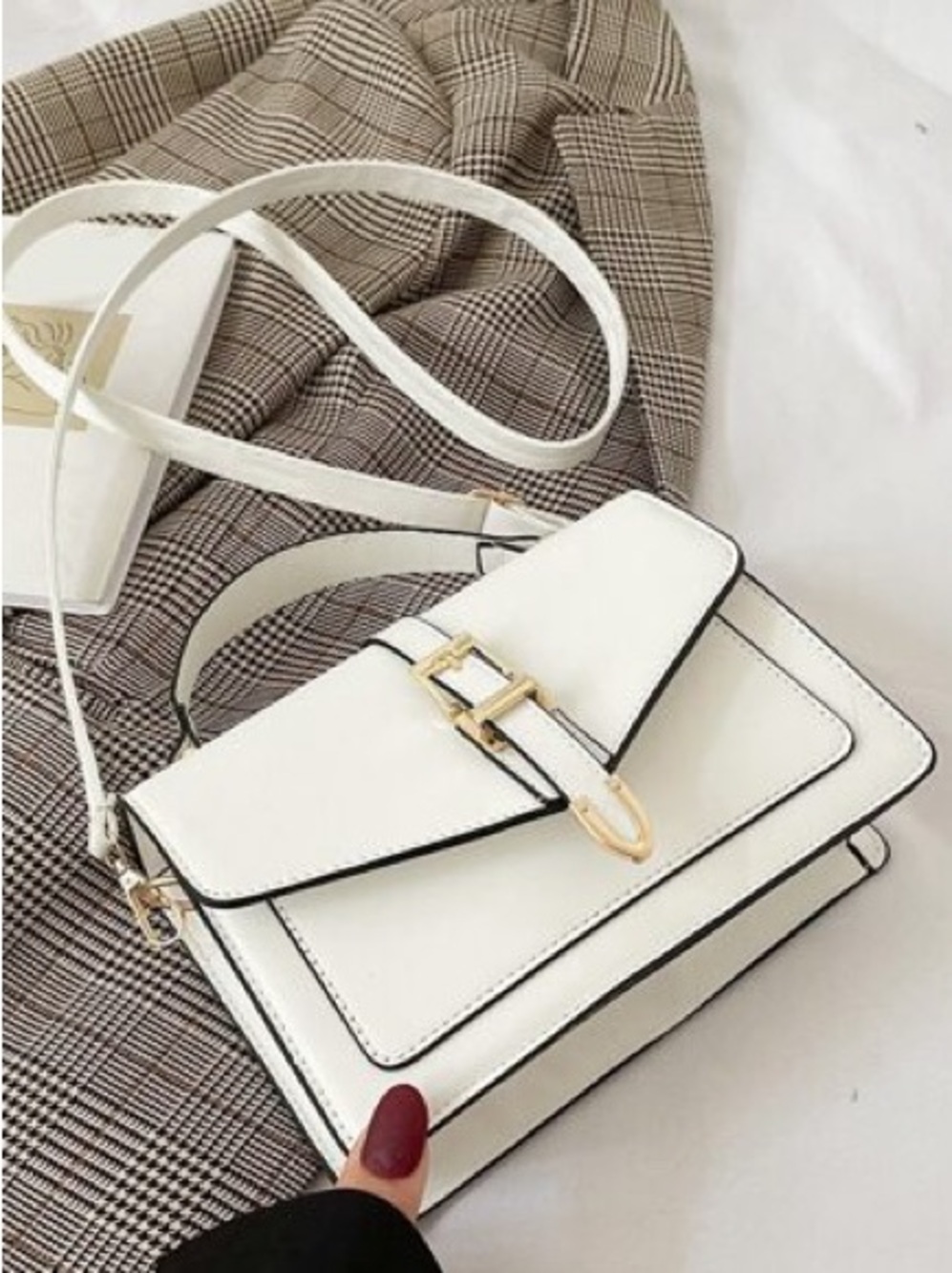SHEIN White Structured Top-Handle Satchel Bag Gold Buckle Hardware One Size